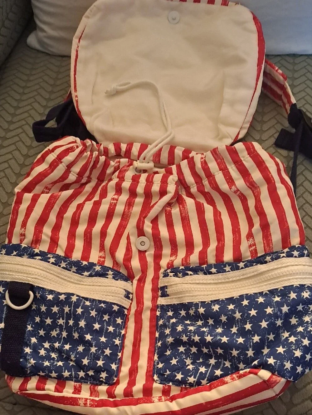 Mossimo Supply Co. Red & White Striped Backpack with Blue Star Pockets